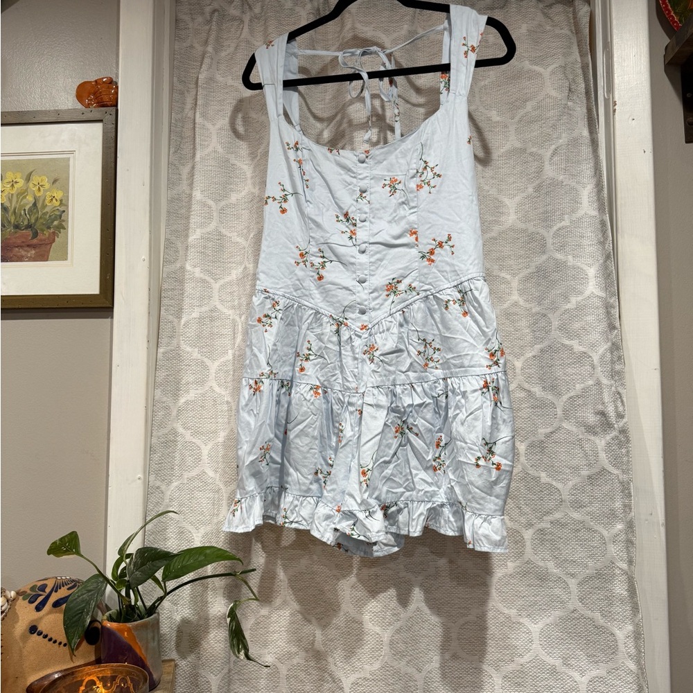 Able Light Blue Textured Top with Floral Accents